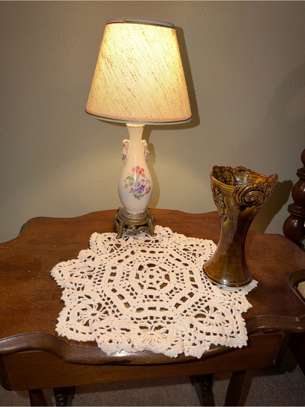 Vintage lamp with brass and porcelain stand floral design 60s 70s cottagecore